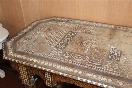 A Moorish mother of pearl inlaid table (a.f.) W.116cm